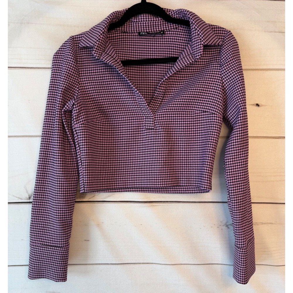 Zara Pink Black Houndstooth Cropped Polo Top Long Sleeve V-Neck Blouse Small